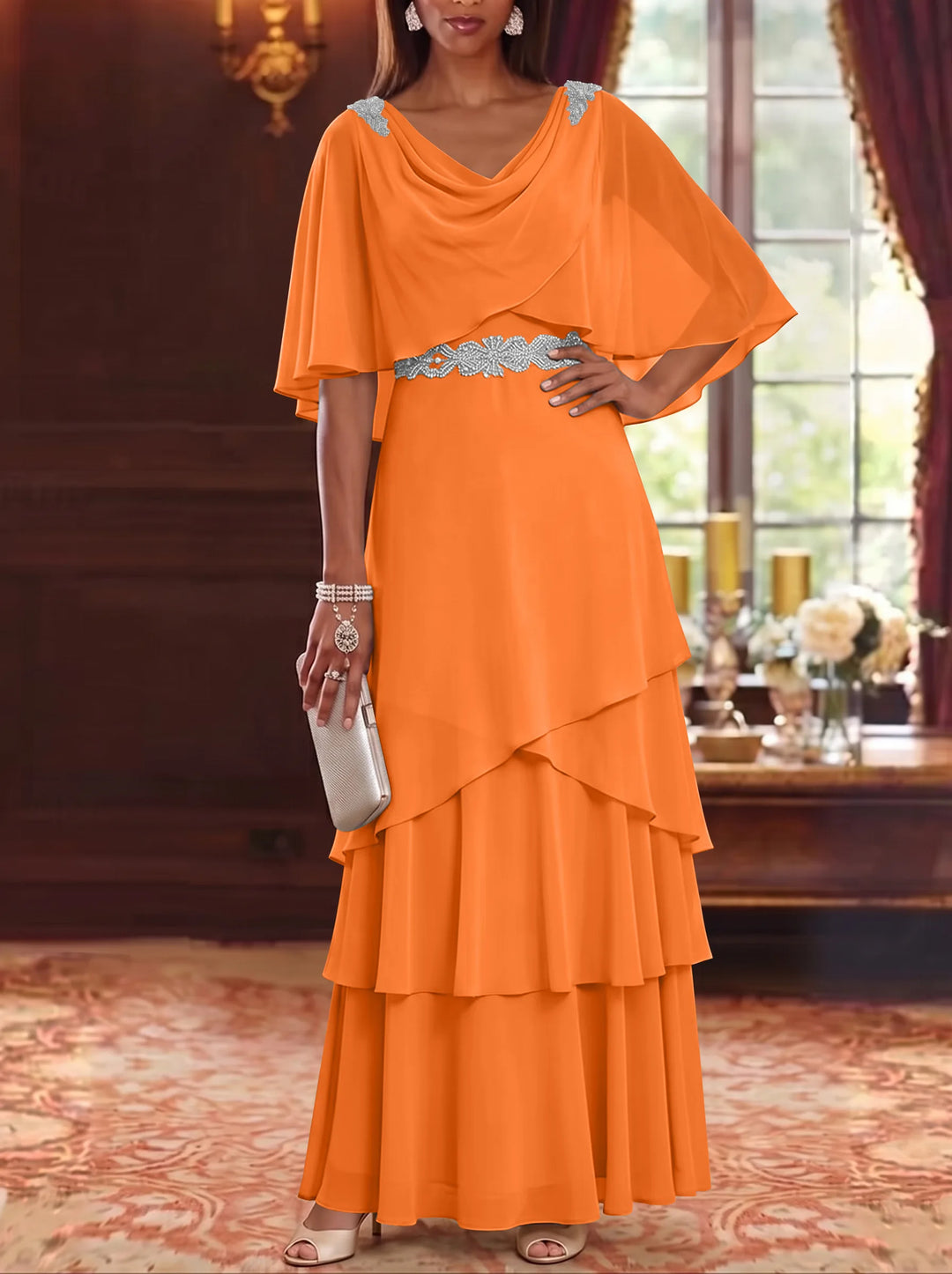 Robe Mère de la Mariée en Mousseline à Col Drapé Ligne A/Princesse Longueur au Sol Manches Cape avec Ceinture à Volants