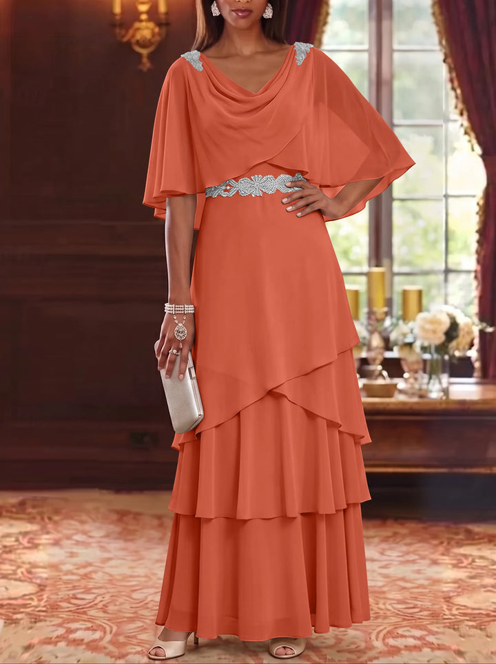 Robe Mère de la Mariée en Mousseline à Col Drapé Ligne A/Princesse Longueur au Sol Manches Cape avec Ceinture à Volants