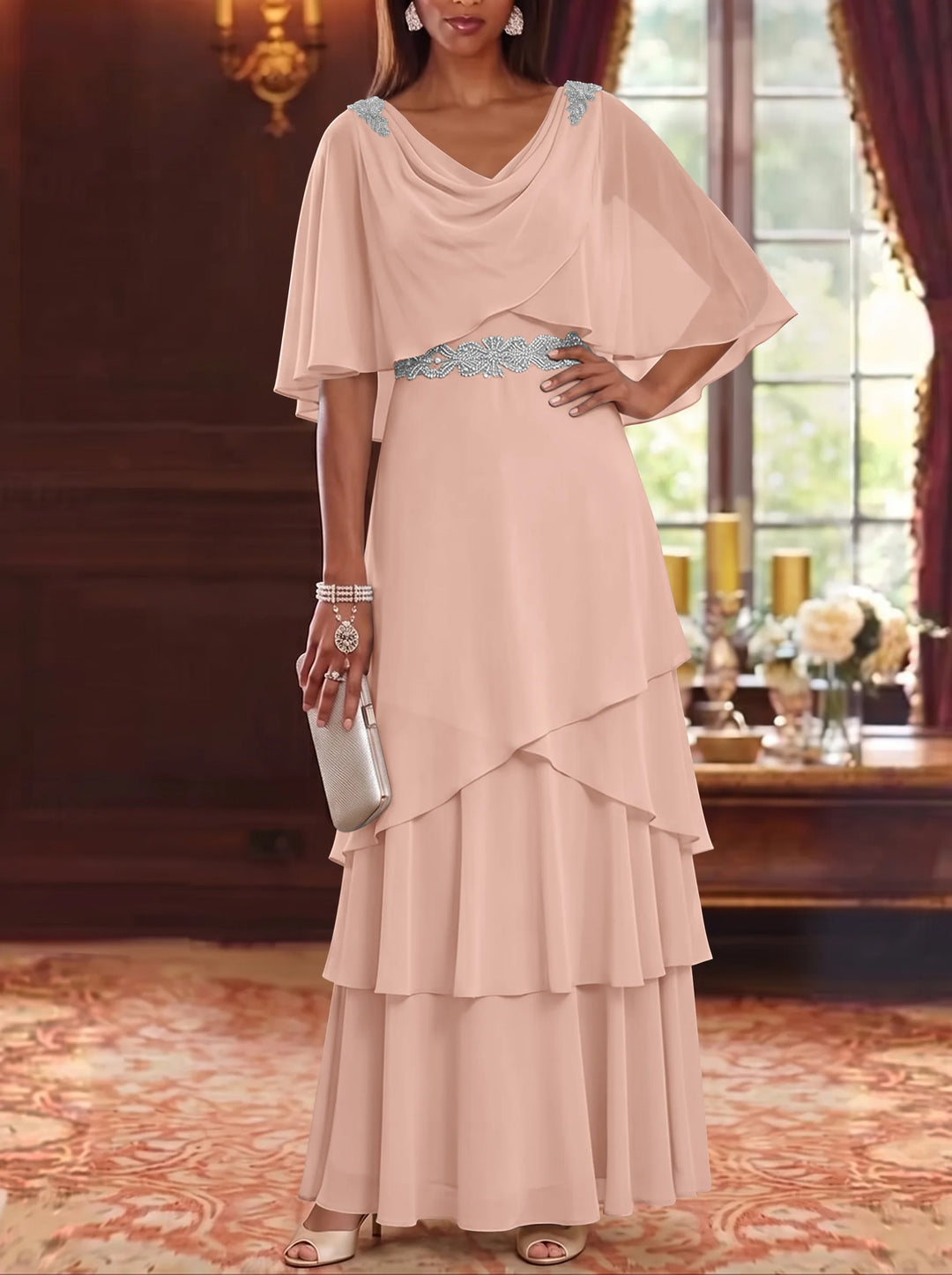 Robe Mère de la Mariée en Mousseline à Col Drapé Ligne A/Princesse Longueur au Sol Manches Cape avec Ceinture à Volants