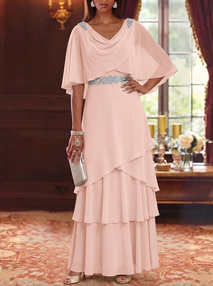 Robe Mère de la Mariée en Mousseline à Col Drapé Ligne A/Princesse Longueur au Sol Manches Cape avec Ceinture à Volants