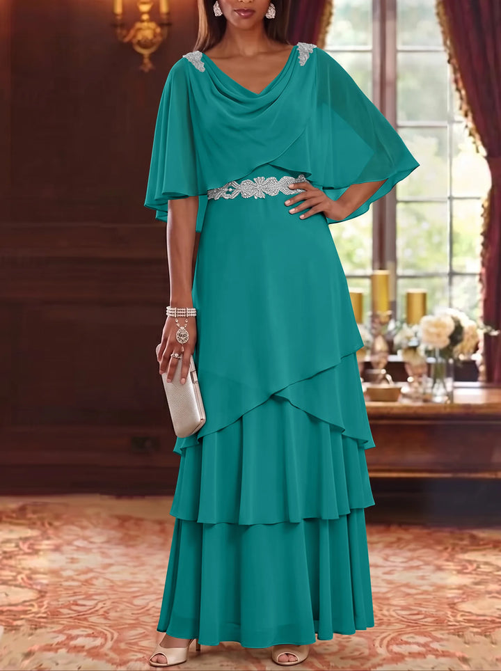Robe Mère de la Mariée en Mousseline à Col Drapé Ligne A/Princesse Longueur au Sol Manches Cape avec Ceinture à Volants