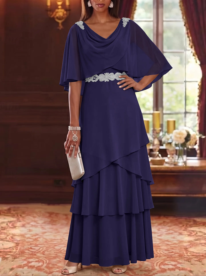 Robe Mère de la Mariée en Mousseline à Col Drapé Ligne A/Princesse Longueur au Sol Manches Cape avec Ceinture à Volants