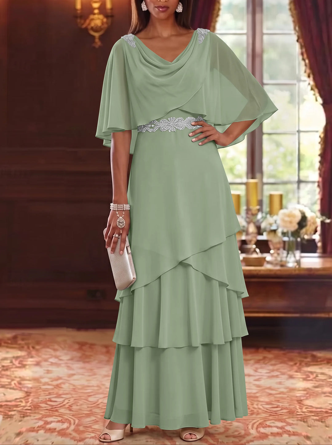 Robe Mère de la Mariée en Mousseline à Col Drapé Ligne A/Princesse Longueur au Sol Manches Cape avec Ceinture à Volants