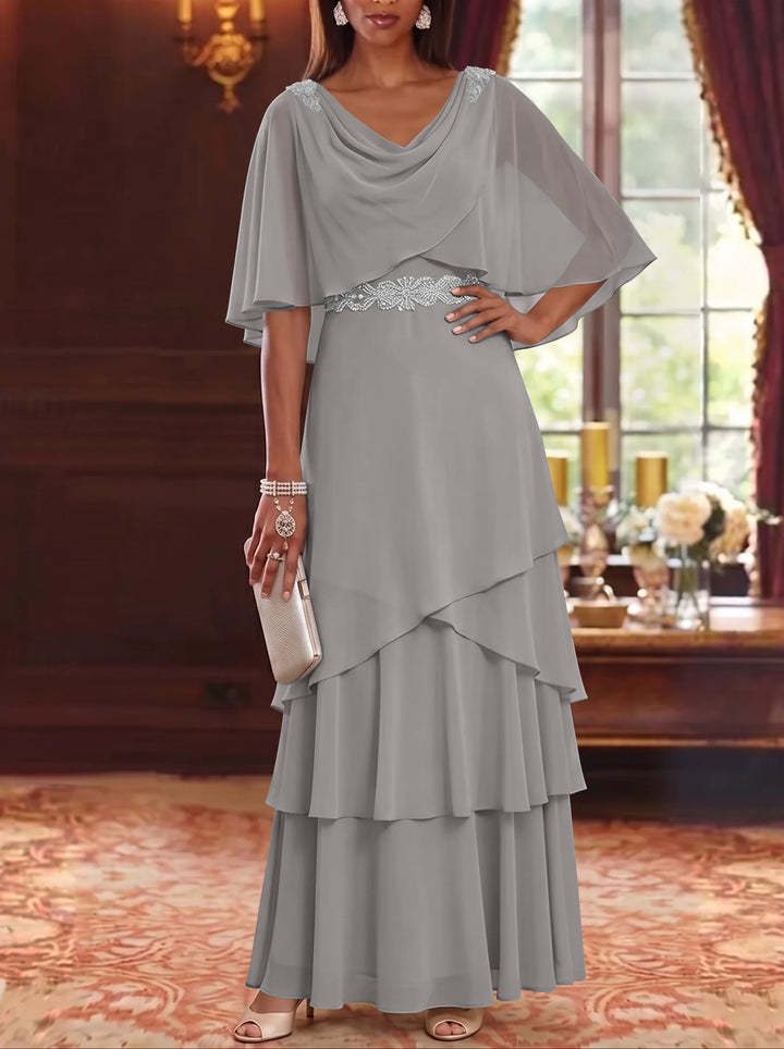 Robe Mère de la Mariée en Mousseline à Col Drapé Ligne A/Princesse Longueur au Sol Manches Cape avec Ceinture à Volants