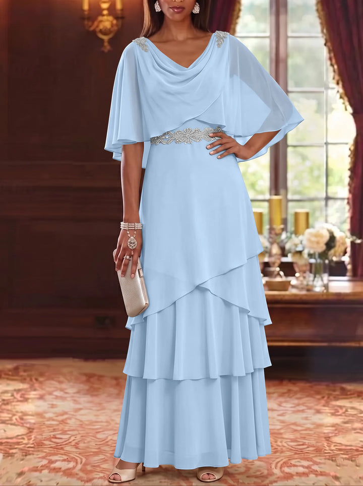 Robe Mère de la Mariée en Mousseline à Col Drapé Ligne A/Princesse Longueur au Sol Manches Cape avec Ceinture à Volants