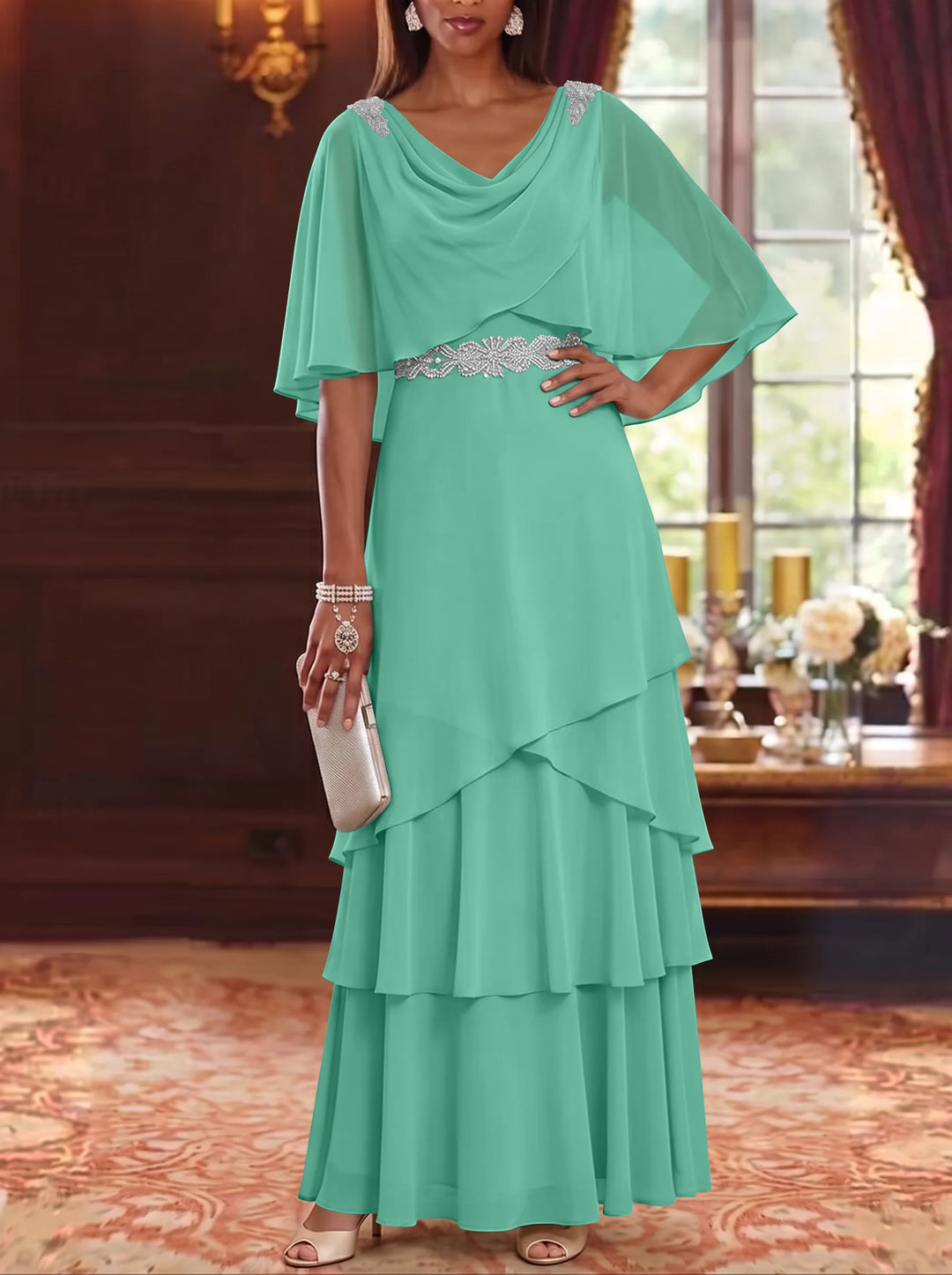 Robe Mère de la Mariée en Mousseline à Col Drapé Ligne A/Princesse Longueur au Sol Manches Cape avec Ceinture à Volants