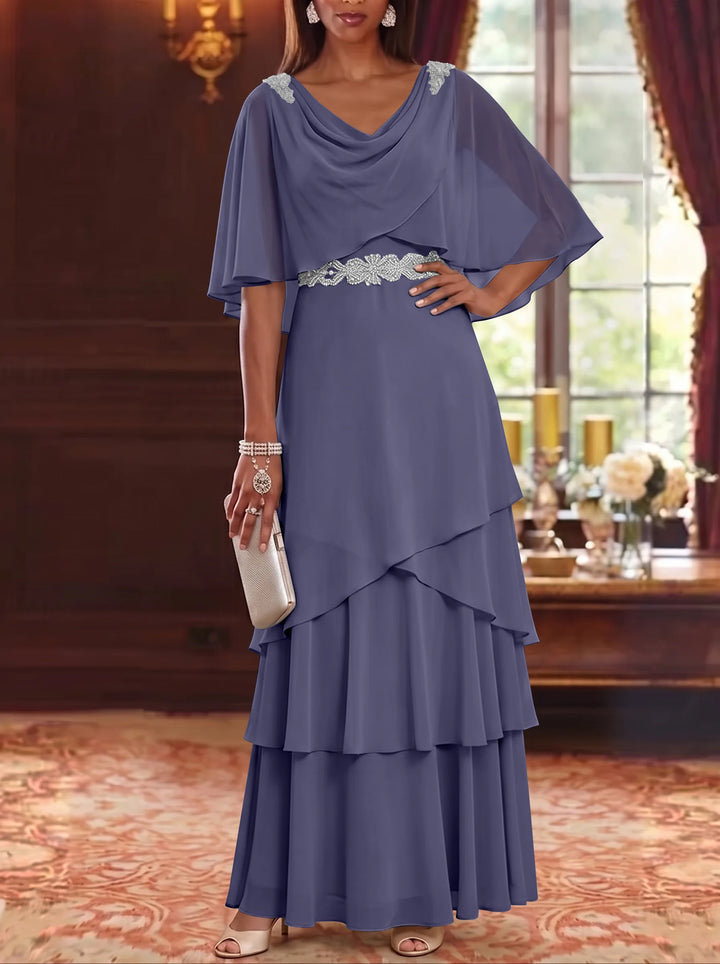 Robe Mère de la Mariée en Mousseline à Col Drapé Ligne A/Princesse Longueur au Sol Manches Cape avec Ceinture à Volants