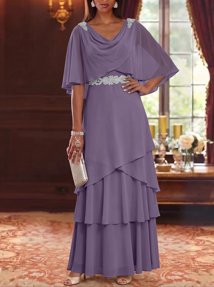 Robe Mère de la Mariée en Mousseline à Col Drapé Ligne A/Princesse Longueur au Sol Manches Cape avec Ceinture à Volants