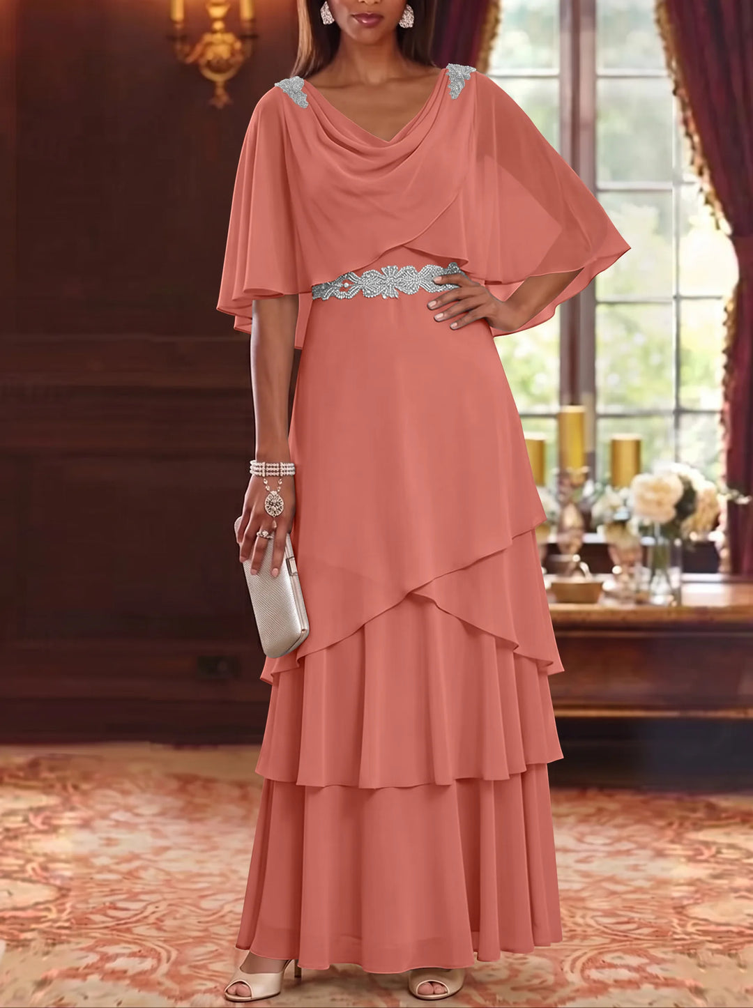 Robe Mère de la Mariée en Mousseline à Col Drapé Ligne A/Princesse Longueur au Sol Manches Cape avec Ceinture à Volants