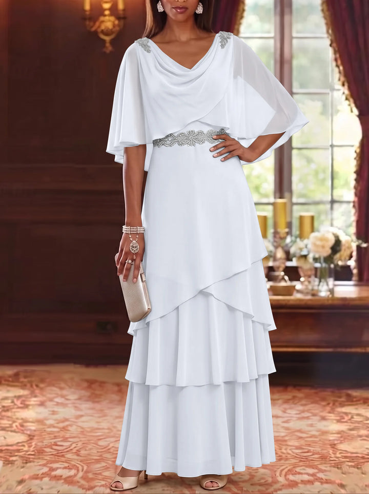 Robe Mère de la Mariée en Mousseline à Col Drapé Ligne A/Princesse Longueur au Sol Manches Cape avec Ceinture à Volants