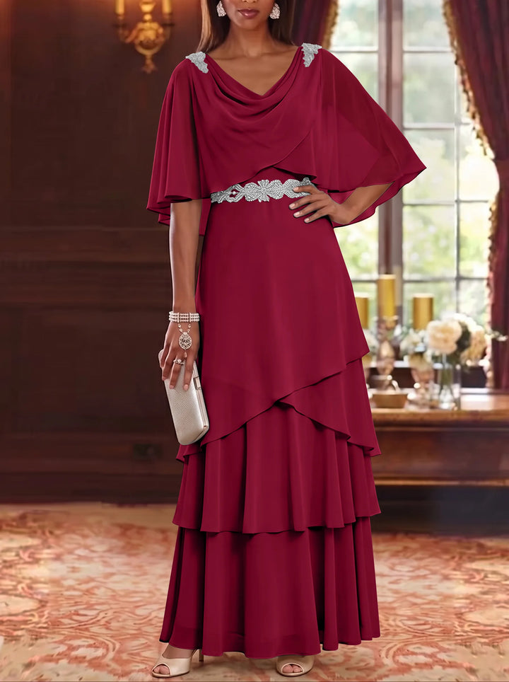 Robe Mère de la Mariée en Mousseline à Col Drapé Ligne A/Princesse Longueur au Sol Manches Cape avec Ceinture à Volants