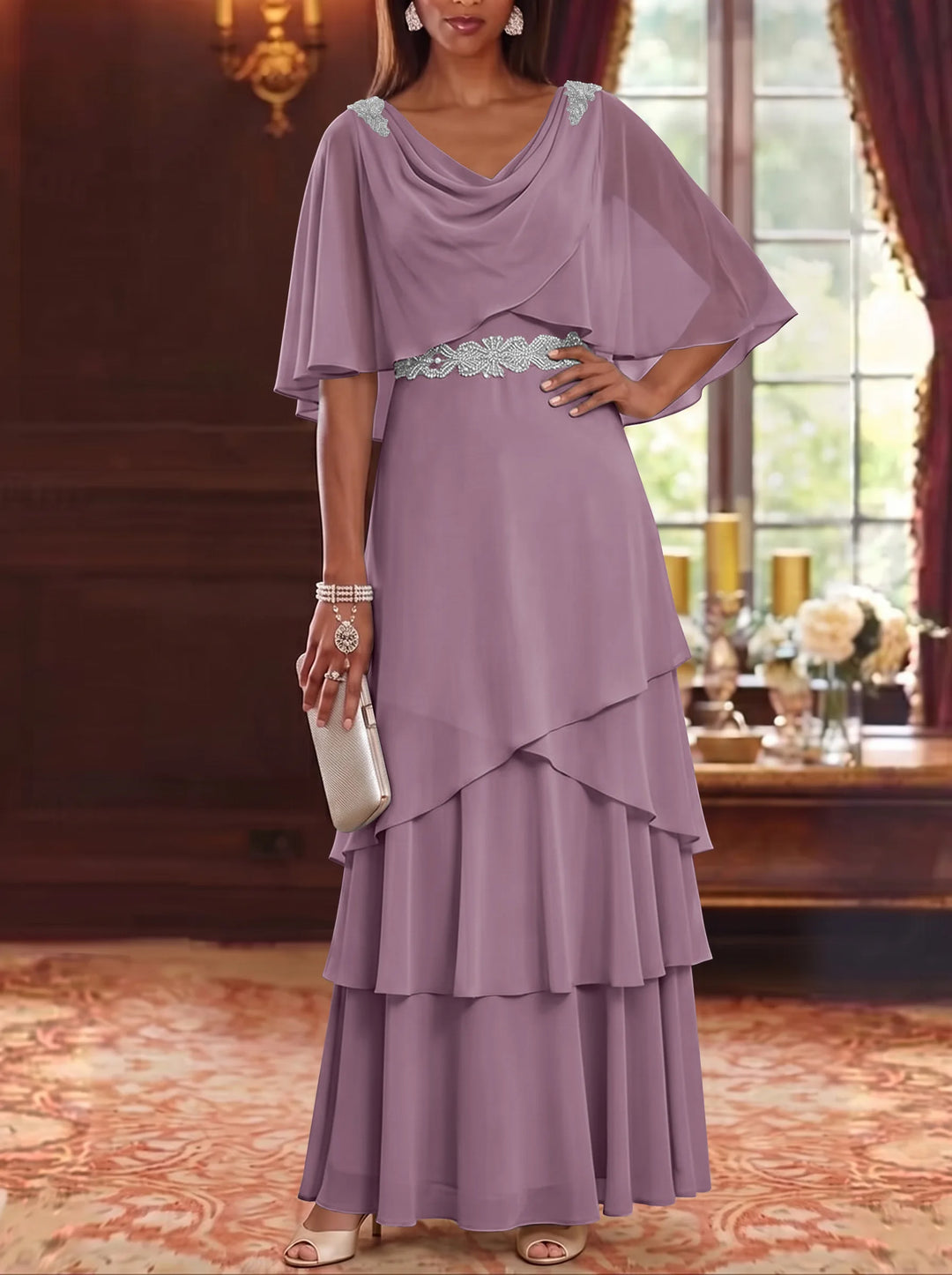 Robe Mère de la Mariée en Mousseline à Col Drapé Ligne A/Princesse Longueur au Sol Manches Cape avec Ceinture à Volants
