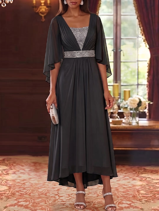 Robe Mère de la Mariée en Mousseline à Col Carré Ligne A/Princesse Longueur Midi Haut-Bas Manches 3/4 avec Ceinture à Paillettes