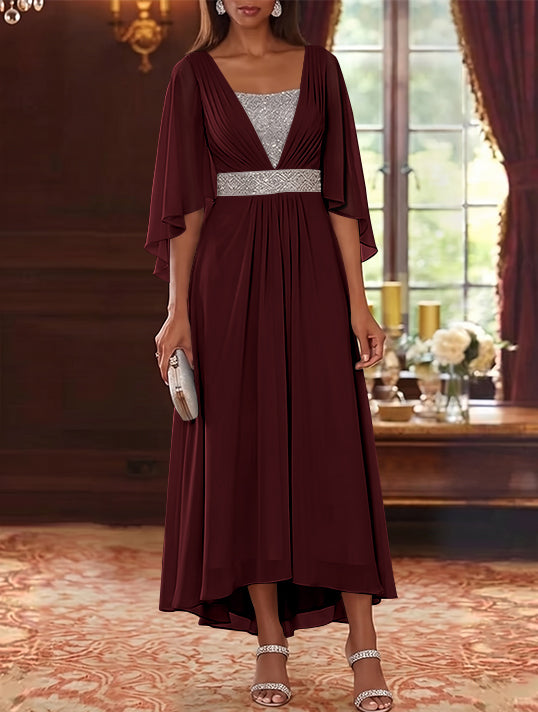 Robe Mère de la Mariée en Mousseline à Col Carré Ligne A/Princesse Longueur Midi Haut-Bas Manches 3/4 avec Ceinture à Paillettes