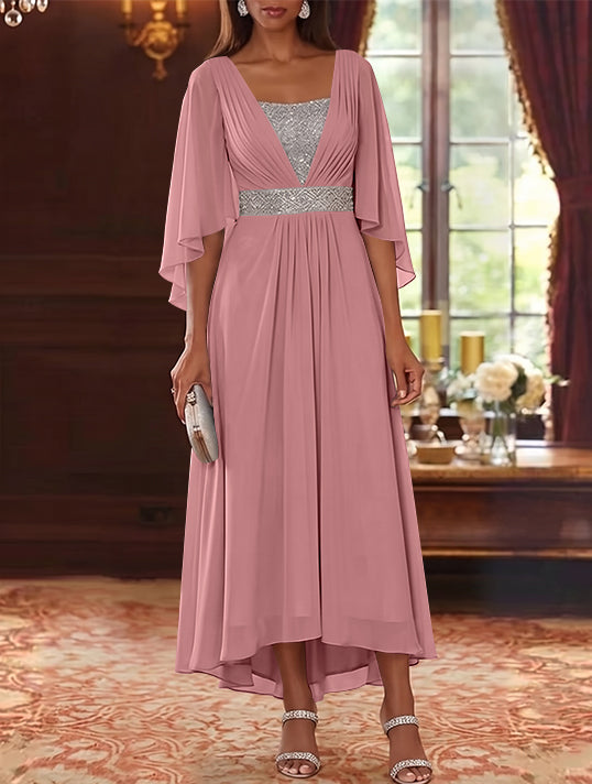 Robe Mère de la Mariée en Mousseline à Col Carré Ligne A/Princesse Longueur Midi Haut-Bas Manches 3/4 avec Ceinture à Paillettes