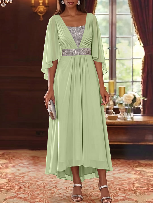 Robe Mère de la Mariée en Mousseline à Col Carré Ligne A/Princesse Longueur Midi Haut-Bas Manches 3/4 avec Ceinture à Paillettes