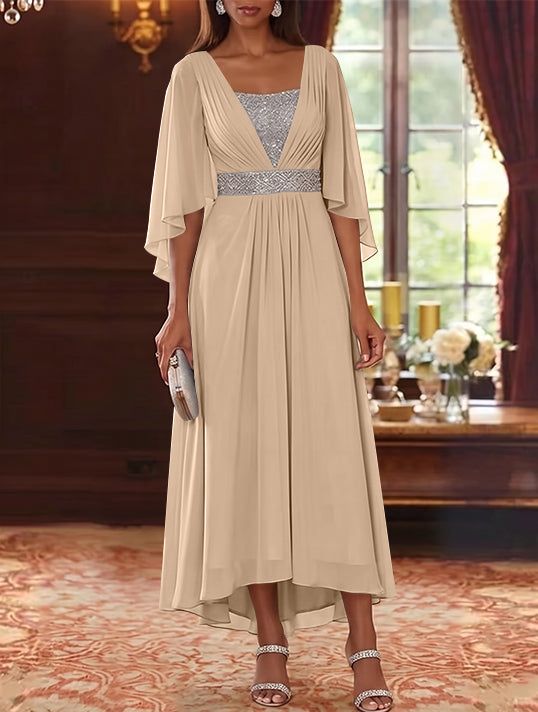Robe Mère de la Mariée en Mousseline à Col Carré Ligne A/Princesse Longueur Midi Haut-Bas Manches 3/4 avec Ceinture à Paillettes