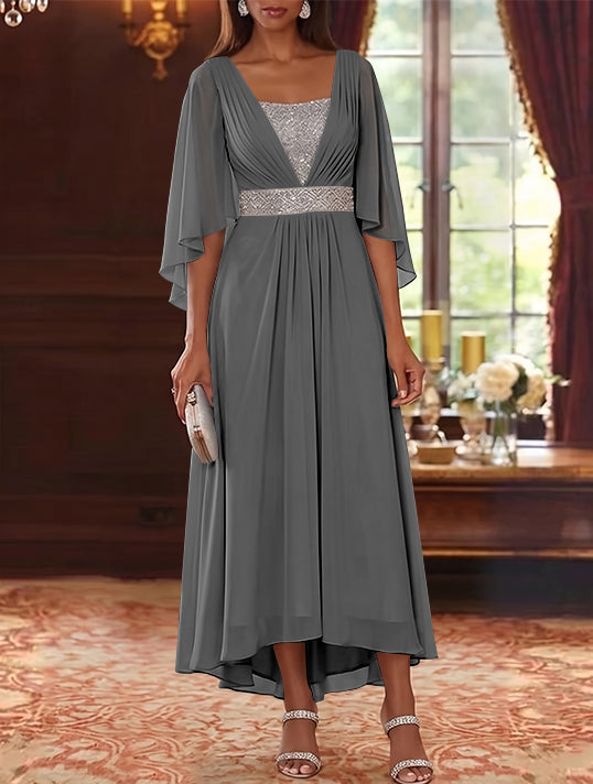 Robe Mère de la Mariée en Mousseline à Col Carré Ligne A/Princesse Longueur Midi Haut-Bas Manches 3/4 avec Ceinture à Paillettes