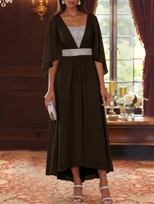 Robe Mère de la Mariée en Mousseline à Col Carré Ligne A/Princesse Longueur Midi Haut-Bas Manches 3/4 avec Ceinture à Paillettes