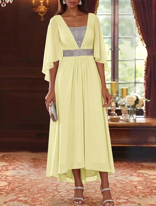 Robe Mère de la Mariée en Mousseline à Col Carré Ligne A/Princesse Longueur Midi Haut-Bas Manches 3/4 avec Ceinture à Paillettes