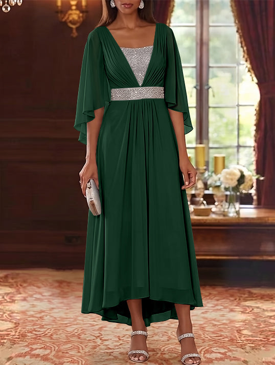 Robe Mère de la Mariée en Mousseline à Col Carré Ligne A/Princesse Longueur Midi Haut-Bas Manches 3/4 avec Ceinture à Paillettes