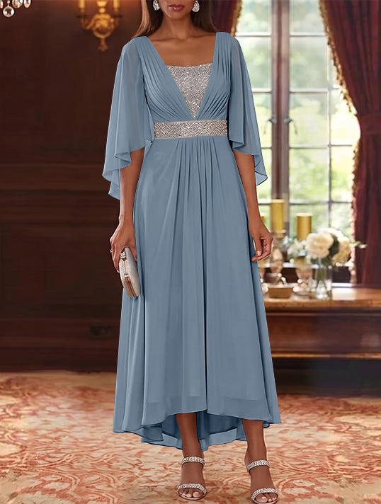 Robe Mère de la Mariée en Mousseline à Col Carré Ligne A/Princesse Longueur Midi Haut-Bas Manches 3/4 avec Ceinture à Paillettes