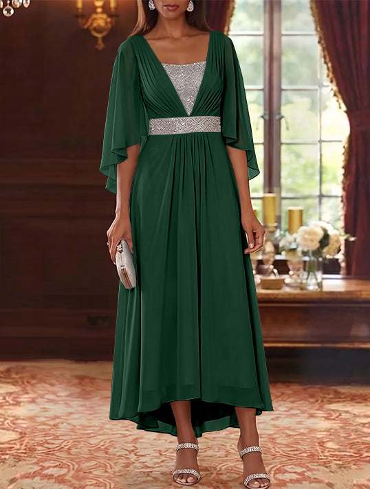 Robe Mère de la Mariée en Mousseline à Col Carré Ligne A/Princesse Longueur Midi Haut-Bas Manches 3/4 avec Ceinture à Paillettes