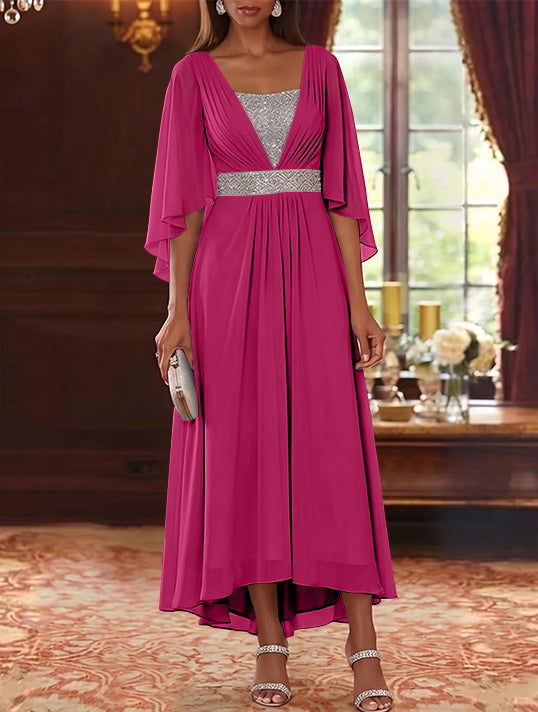 Robe Mère de la Mariée en Mousseline à Col Carré Ligne A/Princesse Longueur Midi Haut-Bas Manches 3/4 avec Ceinture à Paillettes