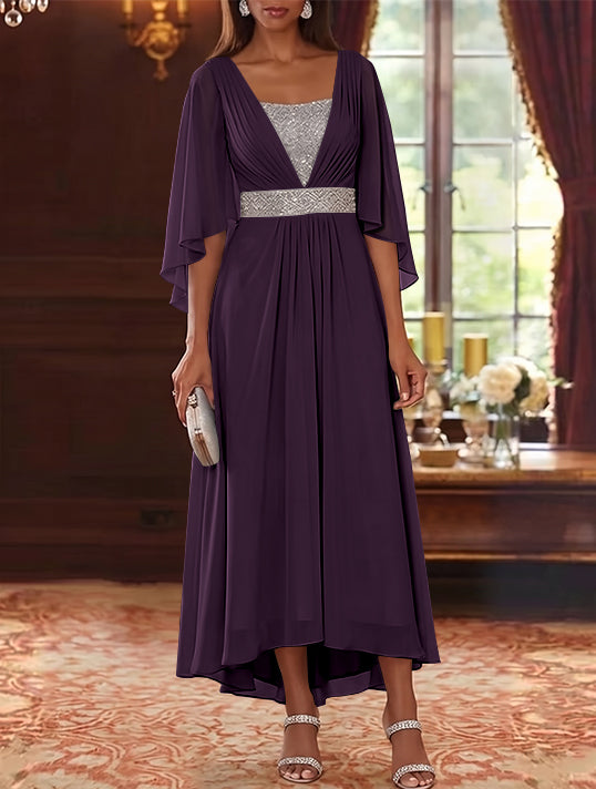 Robe Mère de la Mariée en Mousseline à Col Carré Ligne A/Princesse Longueur Midi Haut-Bas Manches 3/4 avec Ceinture à Paillettes