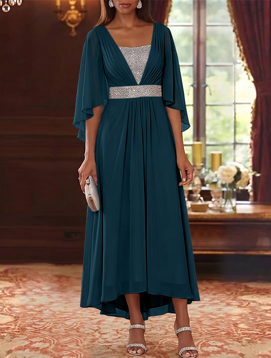 Robe Mère de la Mariée en Mousseline à Col Carré Ligne A/Princesse Longueur Midi Haut-Bas Manches 3/4 avec Ceinture à Paillettes
