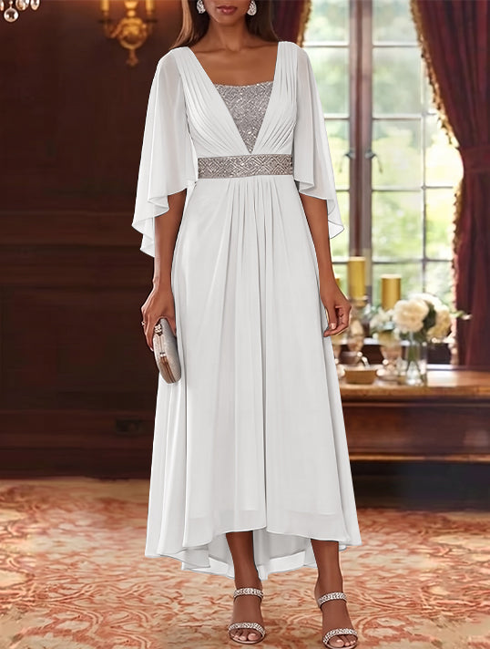Robe Mère de la Mariée en Mousseline à Col Carré Ligne A/Princesse Longueur Midi Haut-Bas Manches 3/4 avec Ceinture à Paillettes