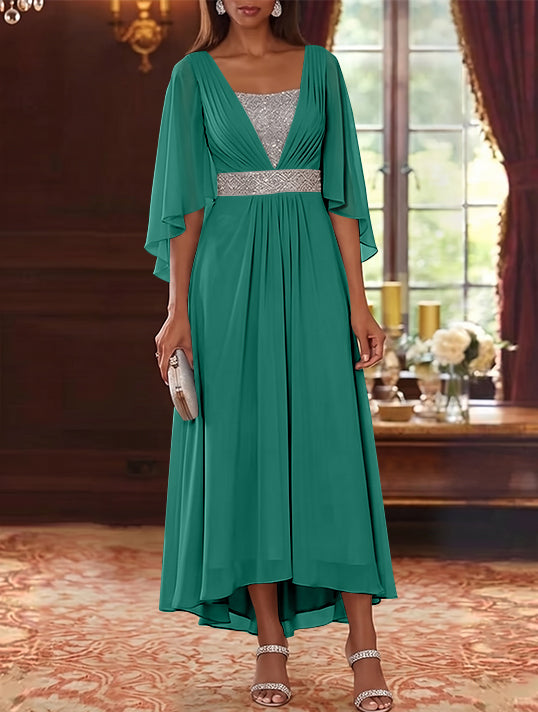 Robe Mère de la Mariée en Mousseline à Col Carré Ligne A/Princesse Longueur Midi Haut-Bas Manches 3/4 avec Ceinture à Paillettes