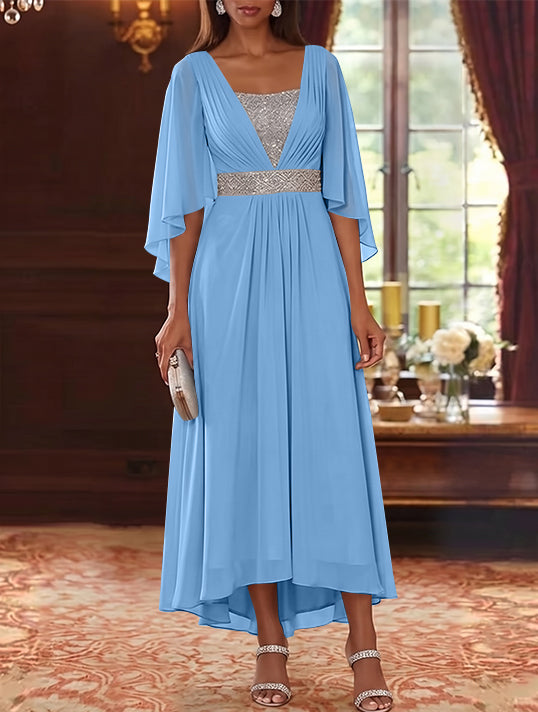 Robe Mère de la Mariée en Mousseline à Col Carré Ligne A/Princesse Longueur Midi Haut-Bas Manches 3/4 avec Ceinture à Paillettes