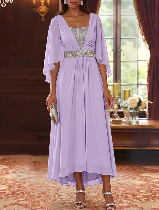 Robe Mère de la Mariée en Mousseline à Col Carré Ligne A/Princesse Longueur Midi Haut-Bas Manches 3/4 avec Ceinture à Paillettes