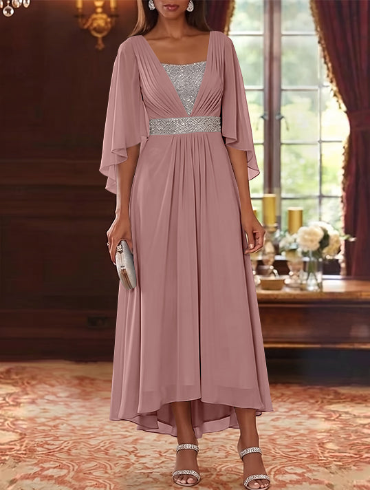 Robe Mère de la Mariée en Mousseline à Col Carré Ligne A/Princesse Longueur Midi Haut-Bas Manches 3/4 avec Ceinture à Paillettes