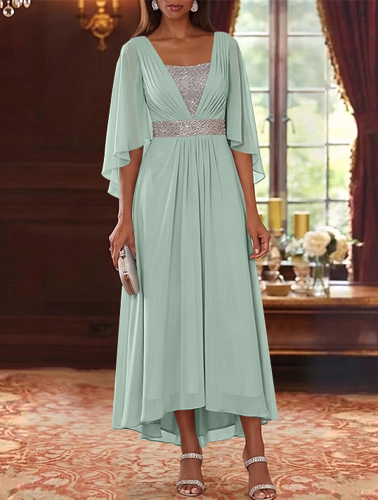 Robe Mère de la Mariée en Mousseline à Col Carré Ligne A/Princesse Longueur Midi Haut-Bas Manches 3/4 avec Ceinture à Paillettes