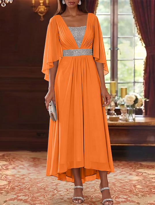 Robe Mère de la Mariée en Mousseline à Col Carré Ligne A/Princesse Longueur Midi Haut-Bas Manches 3/4 avec Ceinture à Paillettes
