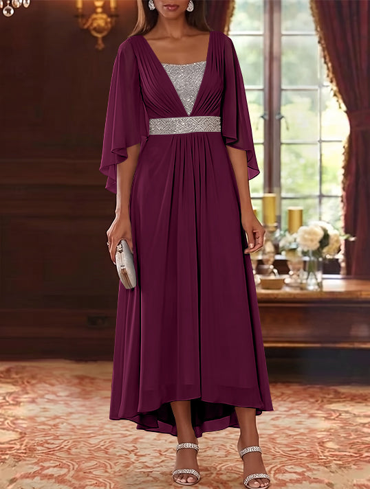 Robe Mère de la Mariée en Mousseline à Col Carré Ligne A/Princesse Longueur Midi Haut-Bas Manches 3/4 avec Ceinture à Paillettes