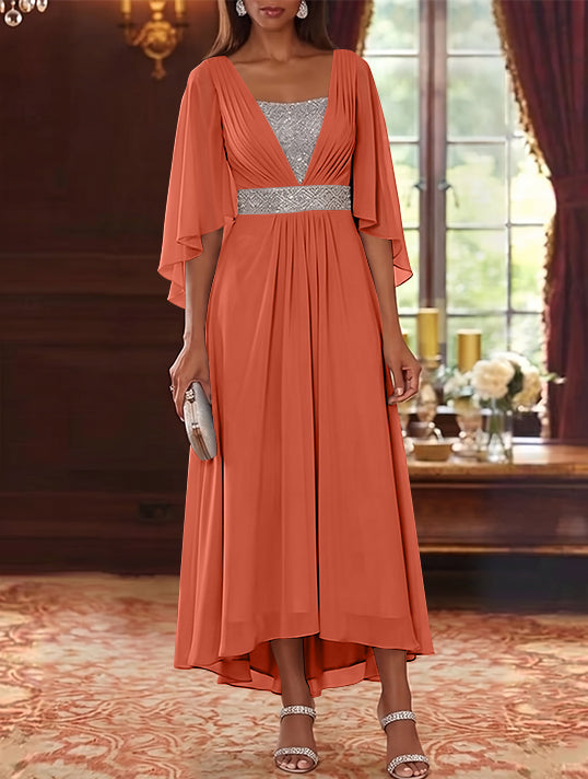 Robe Mère de la Mariée en Mousseline à Col Carré Ligne A/Princesse Longueur Midi Haut-Bas Manches 3/4 avec Ceinture à Paillettes