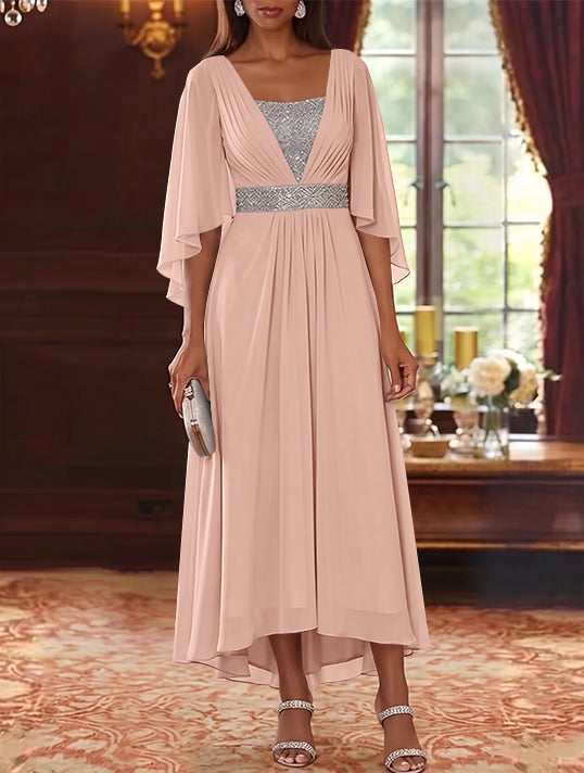Robe Mère de la Mariée en Mousseline à Col Carré Ligne A/Princesse Longueur Midi Haut-Bas Manches 3/4 avec Ceinture à Paillettes