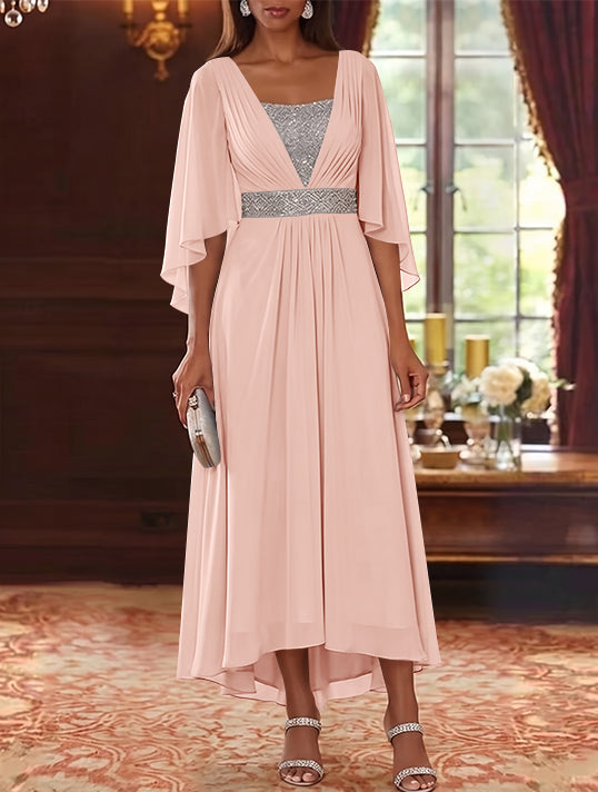 Robe Mère de la Mariée en Mousseline à Col Carré Ligne A/Princesse Longueur Midi Haut-Bas Manches 3/4 avec Ceinture à Paillettes