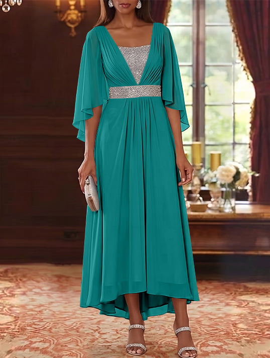 Robe Mère de la Mariée en Mousseline à Col Carré Ligne A/Princesse Longueur Midi Haut-Bas Manches 3/4 avec Ceinture à Paillettes