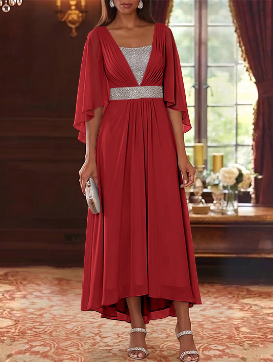 Robe Mère de la Mariée en Mousseline à Col Carré Ligne A/Princesse Longueur Midi Haut-Bas Manches 3/4 avec Ceinture à Paillettes