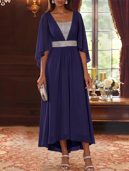 Robe Mère de la Mariée en Mousseline à Col Carré Ligne A/Princesse Longueur Midi Haut-Bas Manches 3/4 avec Ceinture à Paillettes