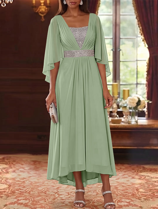 Robe Mère de la Mariée en Mousseline à Col Carré Ligne A/Princesse Longueur Midi Haut-Bas Manches 3/4 avec Ceinture à Paillettes