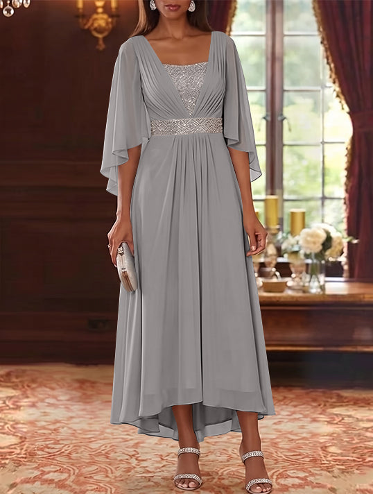 Robe Mère de la Mariée en Mousseline à Col Carré Ligne A/Princesse Longueur Midi Haut-Bas Manches 3/4 avec Ceinture à Paillettes