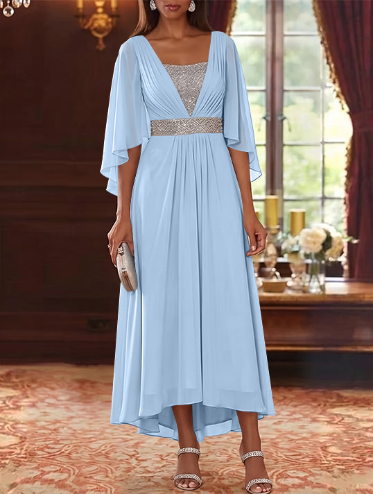 Robe Mère de la Mariée en Mousseline à Col Carré Ligne A/Princesse Longueur Midi Haut-Bas Manches 3/4 avec Ceinture à Paillettes