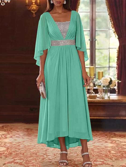 Robe Mère de la Mariée en Mousseline à Col Carré Ligne A/Princesse Longueur Midi Haut-Bas Manches 3/4 avec Ceinture à Paillettes