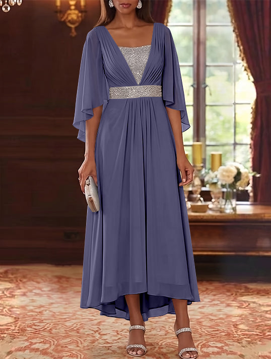 Robe Mère de la Mariée en Mousseline à Col Carré Ligne A/Princesse Longueur Midi Haut-Bas Manches 3/4 avec Ceinture à Paillettes