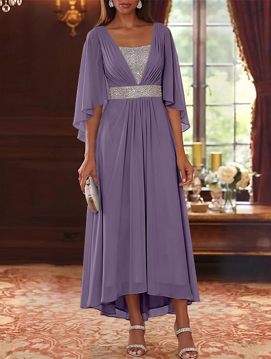 Robe Mère de la Mariée en Mousseline à Col Carré Ligne A/Princesse Longueur Midi Haut-Bas Manches 3/4 avec Ceinture à Paillettes